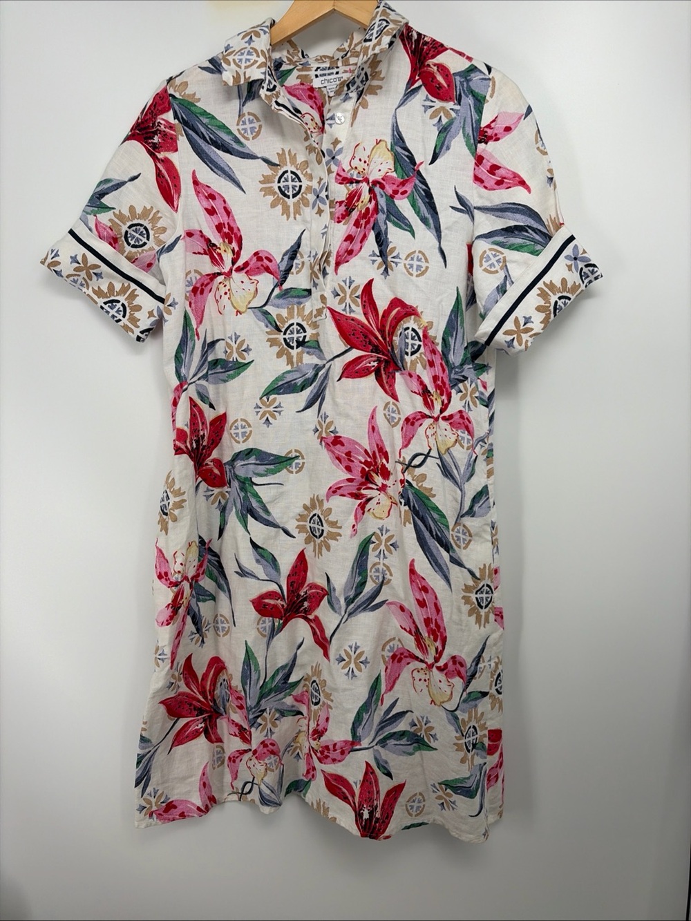 Chico’s Size 0 Linen Short Sleeve Popover Dress EUC